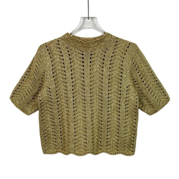 Gucci Metallic Gold Crochet Knit Short-Sleeve Top